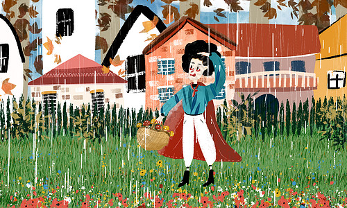 在花园闲谈下雨插画