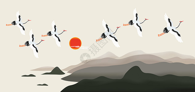 中国传统仙鹤山水图案背景图片