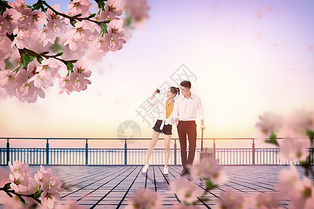 情侣旅行看樱花背景图片