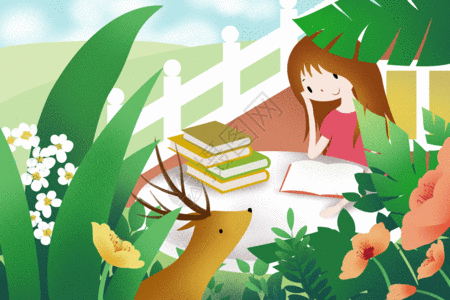 女孩和鹿花园里读书的女孩GIF高清图片