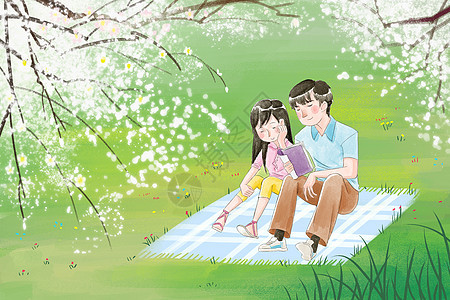 春天花树下看书约会的情侣背景图片
