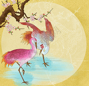 中国风国潮工笔梅花彩色丹顶鹤仙鹤背景图片