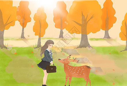 女孩和小鹿背景图片