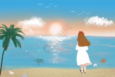 散步背影夏日海边看日落的女孩GIF高清图片
