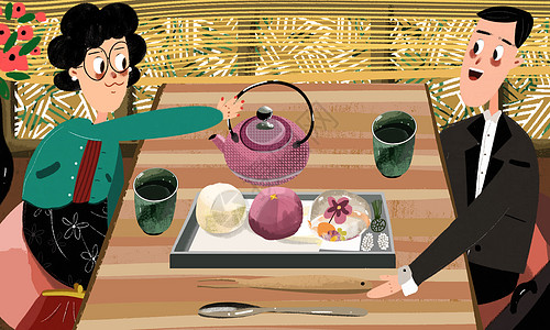 日式甜品下午茶插画