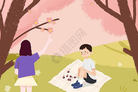 樱花树下的约会情侣图片