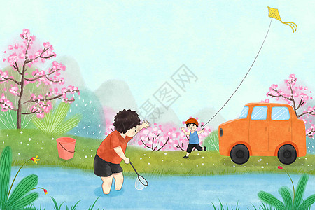 春游放风筝儿童樱花高清图片