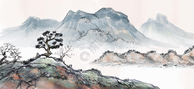 山水剪影中国风山水画插画