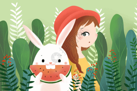 偷吃西瓜的小白兔GIF图片