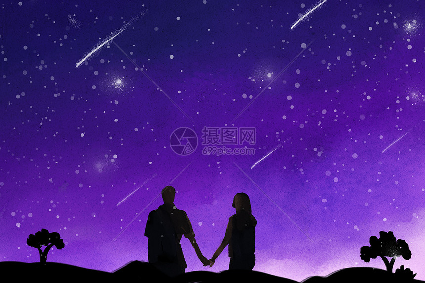 星空下约会的情侣看流星雨