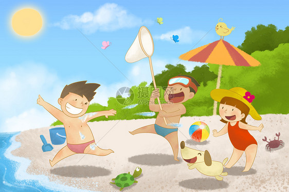 海边沙滩嬉戏的儿童插画图片
