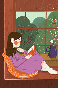 读书日窗台看书的女孩图片