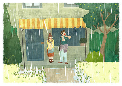 花园中避雨雨中的情侣高清图片