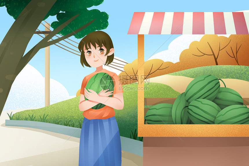 路边的西瓜摊插画图片下载-正版图片401125190-摄图网