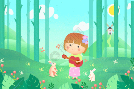 春天里玩耍弹琴的小女孩gif图片素材