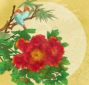 中国风古风工笔花卉花鸟红色大牡丹花图片