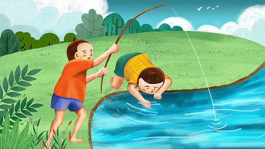立夏池塘小伙伴钓鱼玩耍图片
