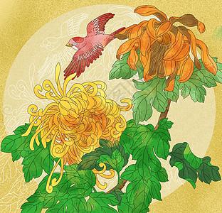 古风约会大作战中国风古风花鸟工笔大菊花花卉插画