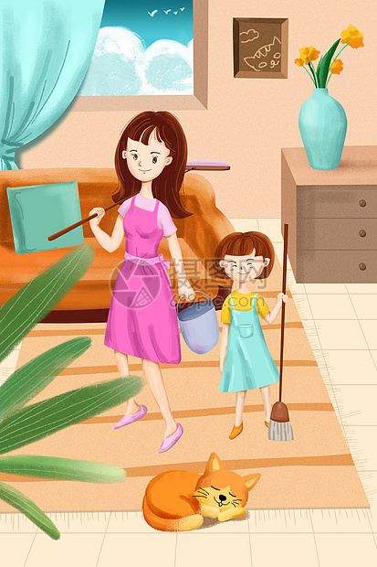 家庭劳动节母女搞卫生清洁小清新插画图片