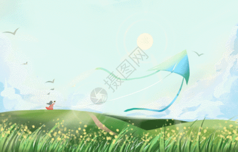 蓝天白云草地背景孩童趣事放风筝GIF高清图片
