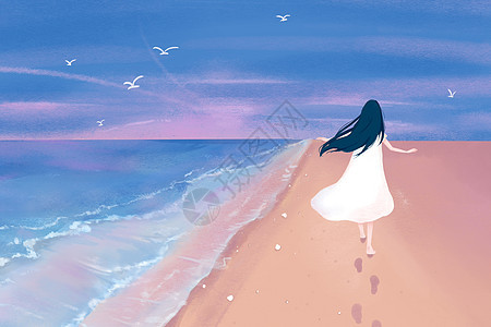 夏天在海边散步的女孩图片