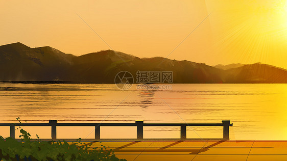 夕阳湖畔图片