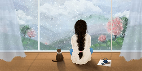 谷雨女孩猫树高清图片