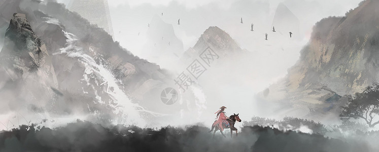 马背景中国风山水画插画