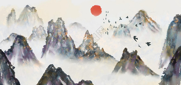 红格背景中国风山水画插画