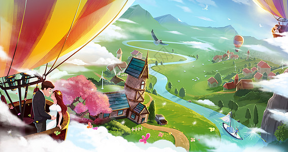 情侣热气球空中旅行插画