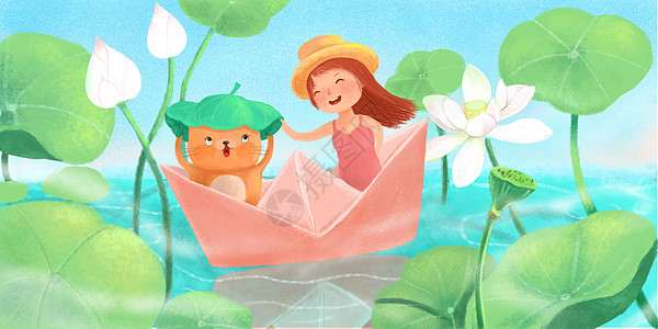 立夏小女孩坐船游玩荷花池图片