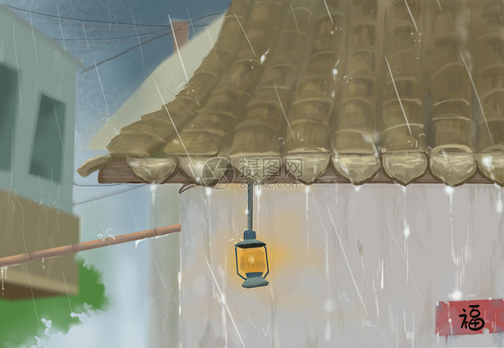 夏·下雨处的屋檐一角图片