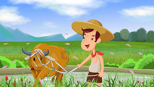 牛犁地劳动节插画