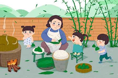 妈妈包粽子端午节插画