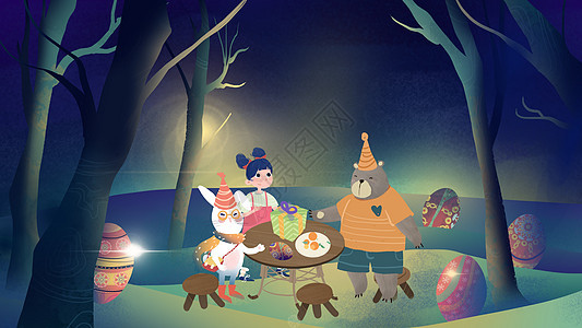小清新小女孩在树林力跟动物聚会儿童节卡通插画图片