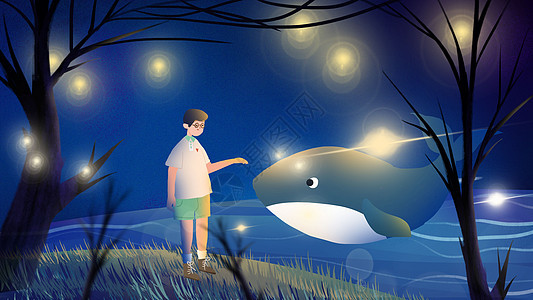 蓝色小清新男孩与鲸鱼相遇治愈插画图片