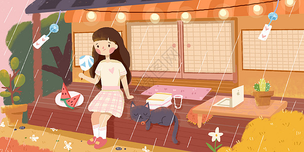 初夏夏天雨中女孩在院子中和猫咪乘凉图片