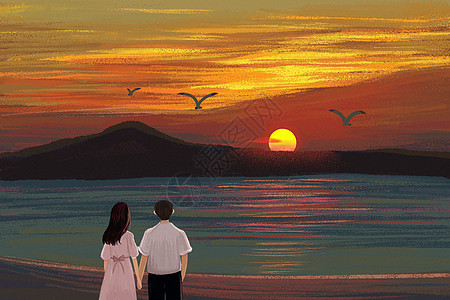 海边看日落的情侣图片