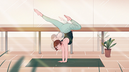 小清新女孩运动瑜伽夏天运动卡通插画图片