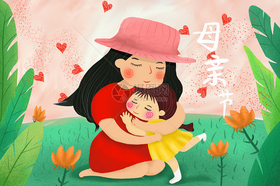 母亲节在草地上拥抱着女儿的母亲微笑图片