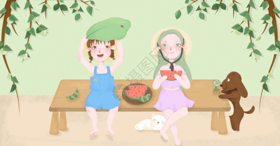 清新夏天女孩乘凉吃西瓜插画gif图片素材