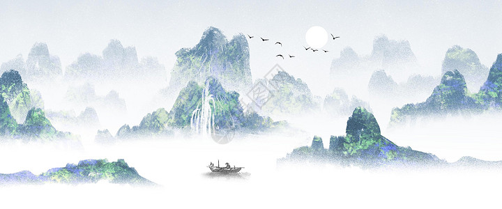 中国风复古中国风山水画插画
