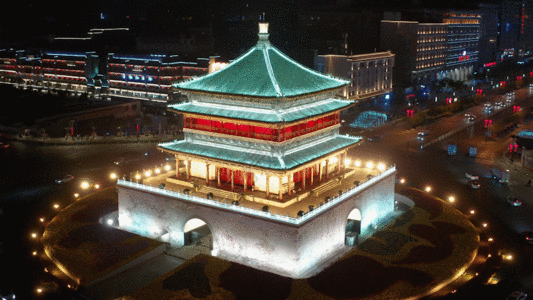 家政中心西安钟鼓楼繁华夜景4K航拍 GIF高清图片