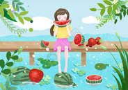 夏天 草莓 西瓜 河岸的女孩图片