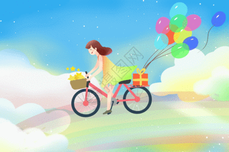 天空彩虹女孩的梦幻单车GIF高清图片