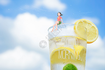 清凉饮料夏季坐在柠檬汁上吹吹风插画