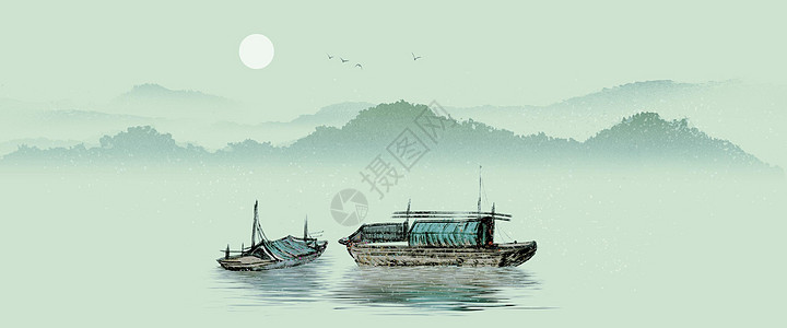 自然山水背景中国风山水画插画