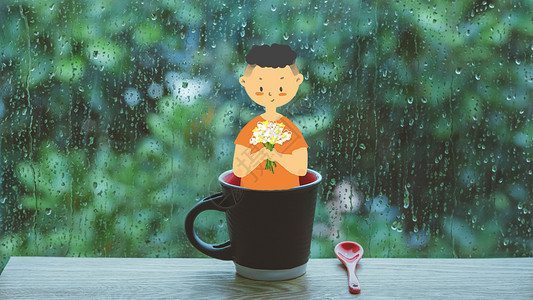 雨天玻璃雨天水珠玻璃咖啡杯插画