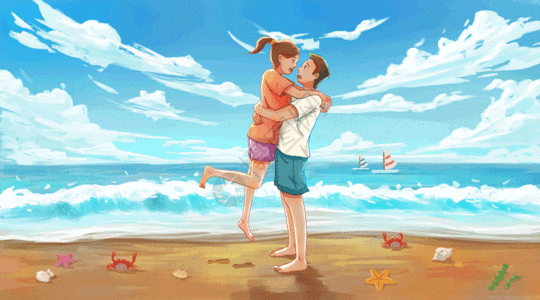 拥抱蓝天海边度假的情侣gif高清图片