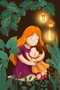 夜晚的室内夜晚母女温馨拥抱母亲节插画GIF高清图片